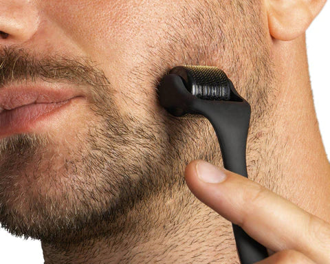 Man using derma roller for beard growth
